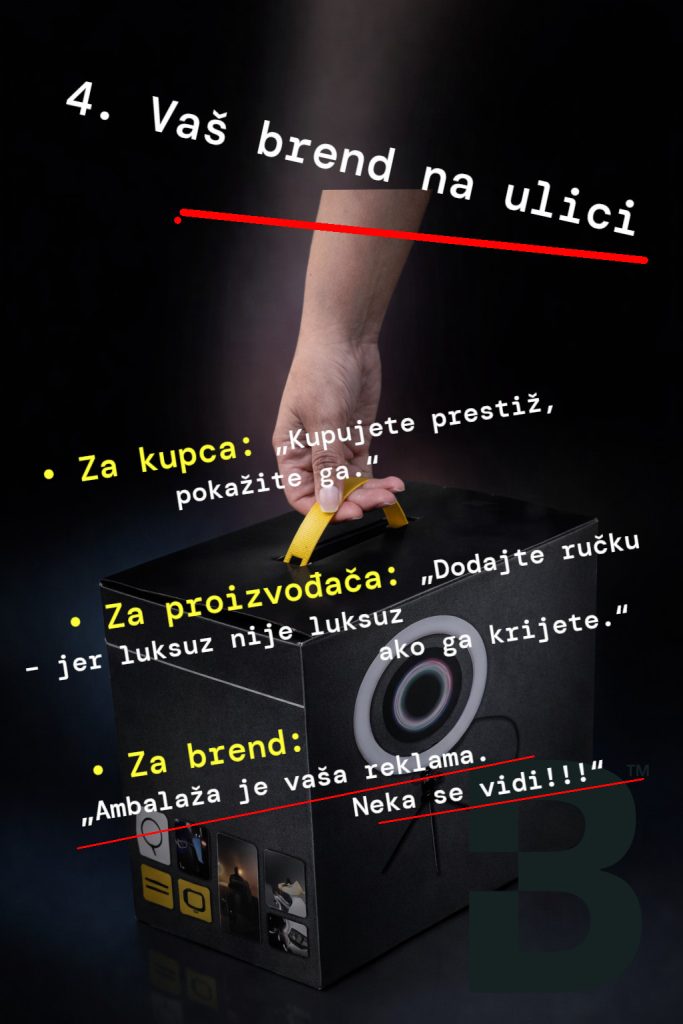 Vaš brend na ulici
4. Vaš brend na ulici
    • Za kupca: „Kupujete prestiž, pokažite ga.“
    • Za proizvođača: „Dodajte ručku – jer luksuz nije luksuz ako ga krijete.“
    • Za brend: „Ambalaža je vaša reklama. Neka se vidi.“